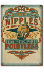 Funny Retro Tin Sign 8×12 – Here’s to Nipples Humor Wall Decor Man Cave Gift