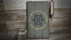 Lake Ship Wheel Vintage Distressed Sign, Personalized Wood Sign