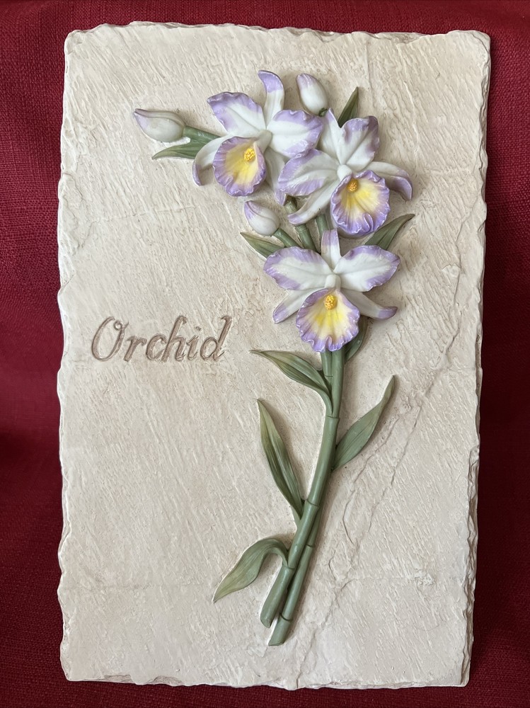 Home Interiors Wall Plaque Slate Look Fluted Relief Orchid Flower
