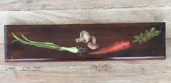 Primitive Wood Plaque Rustic Kitchen Hand Painted Carrot Mushroom Onion Signed
