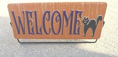 12029 Metal Spinner Sign 2 Sided Welcome Trick Or Treat Black And Orange Cat New