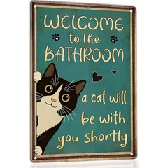 Welcome To The Bathroom Tin Sign Funny Tuxedo Cat Metal Sign Restroom Wall Decor
