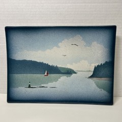 Alan Grout Stuido Pottery Blue Seascape Sailboat Wall Plaque / Sushi Tray 10×7″