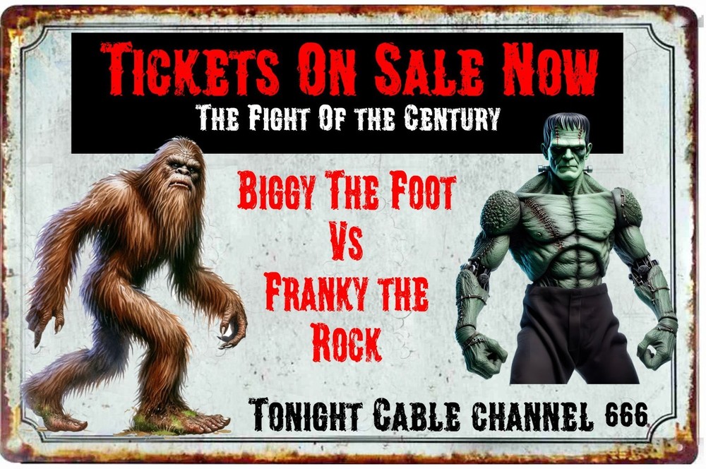 Bigfoot Frankenstein Fight of the Century Get Tickets Tin Sign Sizes To 12 x 18