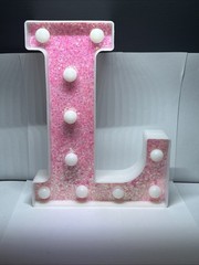 Letter Light – Light Up “L” Pink Glitter Letter -Warm White Battery Operated 9×6