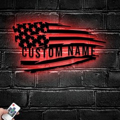 Personalized Distressed USA Flag Metal Sign with LED, Custom Flag Name Decor
