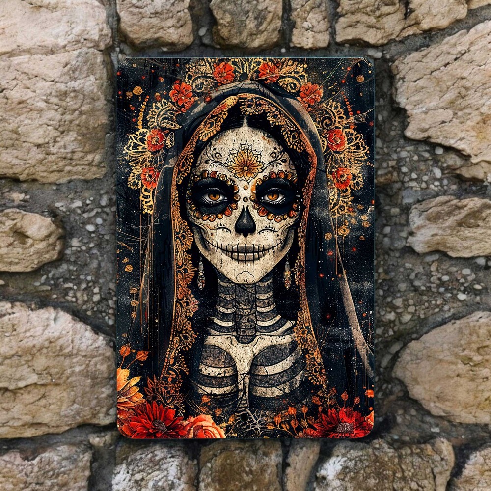 Sugar Skull Metal Sign – Day of the Dead Skeleton Wall Decor – Vibrant Art 8×12