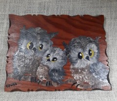 Vintage Hand Painted Cute Owls on Wood Plaque 9.25 x 7″ Wall Décor Art MCM