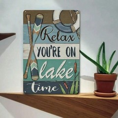 Vintage Rustic Aluminum Sign “Relax You’re On Lake Time” Farmhouse Fish Wall Art