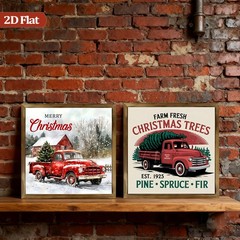 2Pcs Red Truck Christmas Tree Barn “Merry Christmas” Wooden Sign Rustic Decor