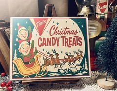 Tom’s Candy Treats, Elves, RETRO Christmas, Handcrafted Plaque / Sign