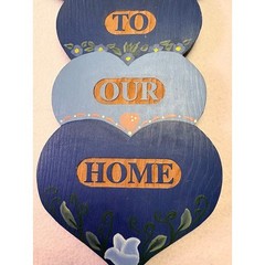 Handmade Welcome To Our Home Sign Wall Plaque Blue Wood Hearts Vtg 1989 Cottage