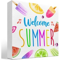 summer decor “Welcome Summer” watercolor popsicle and fruit wooden box sign