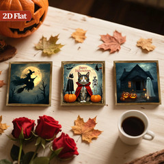 3Pcs Halloween Cat Witch Ghost Castle Wooden Plaque Vintage Framed Wall Decor