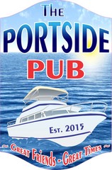 Classic Portside Pub Sign with White Yacht, Blue Ocean and Setting Sun