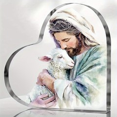 Religious Heart Shaped Acrylic Plaque Jesus Lamb Watercolor Christian Decoration