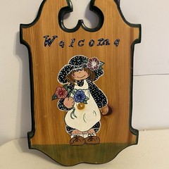 Y2K 2000s Original Art Hand Painted Girl w/ Flowers Welcome Sign Wall Decor