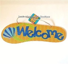 WELCOME Flip Flop Wood Sign Luau Island Beach Shell Wall Tiki Bar Decoration
