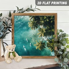 Vibrant Teal Tropical Sea Surfers Palm Tree Coastal Print Country Home Tabletop