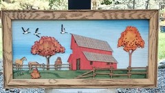 Wood Framed 3D Horse Farm Barn Geese Art Picture Wall Hanging 24″ x 12″ Signed