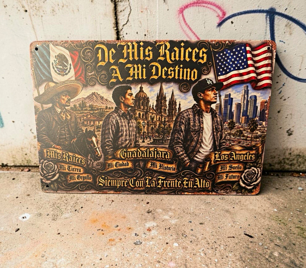 De Mis Raices A Mi Destino Mexican American Patriotic Metal Wall Sign, Rectangle