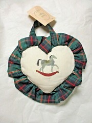 Heart Shape Hanging Stuffed Pillow – Linen – Green Plaid – Rocking Horse – NWT