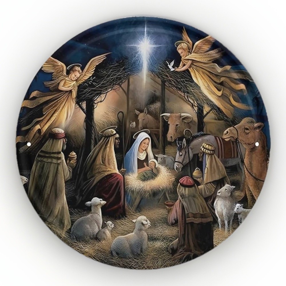 Christmas Manger Nativity Scene 12×12 Inch Round Metal Sign. New