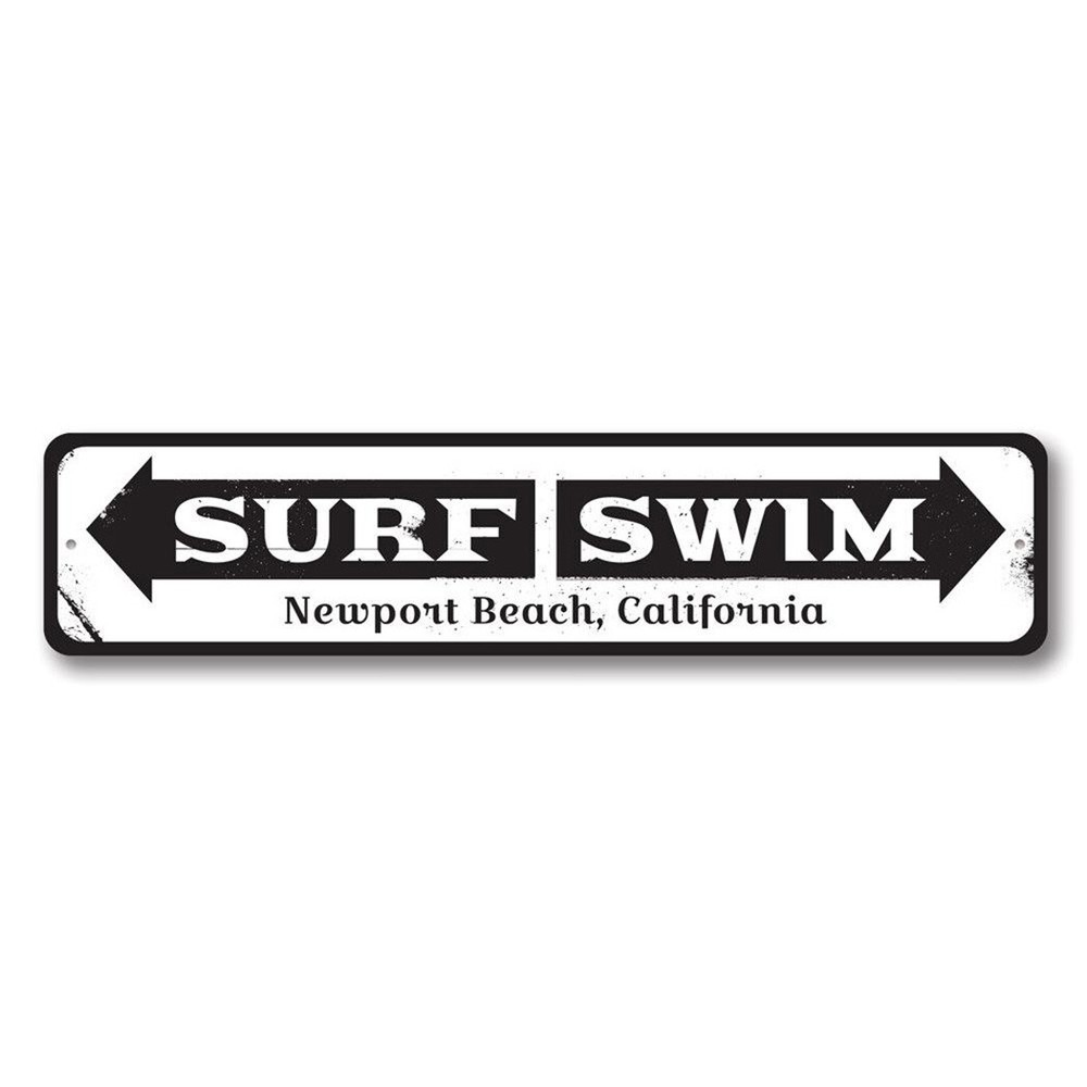 Surf Swim Sign, Personalized Beach Location Directional Arrow Metal Wall Decor
