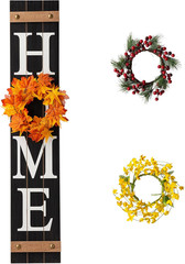 Wooden Welcome Home Porch Sign with Interchangeable Wreaths for Front Door, Vert