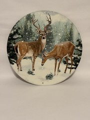 Interior Decor 12”x12” Circular Metal Sign With Buck And Doe In Winter Snow