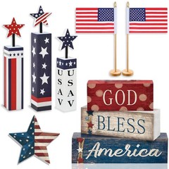 4th of July Decorations, 9Pcs Wooden Red White and Blue Decorations, Patrioti…