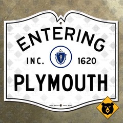 Entering Plymouth Massachusetts city limit highway marker road sign 1950 18×16