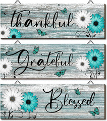 3 Pcs Thankful Grateful Blessed Wooden Signs Rustic Daisy Wood Wall Decor Inspir