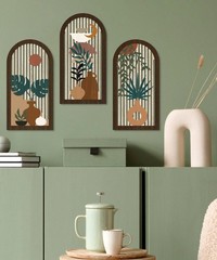 Boho Wall Art, Abstract Botanical Room Decorations with Leaf & Sun Lines, Mod…