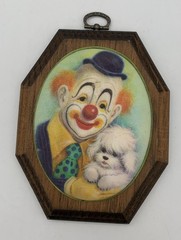 Beaded Glass Plaque Mike and Cindy Rust Clown with Puppy Art Panel 6.75in