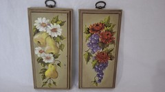 Pair Vtg Hand Painted Wooden Fruit/Floral Plaques 8″ x 4″ Each W/ Hanging Hooks