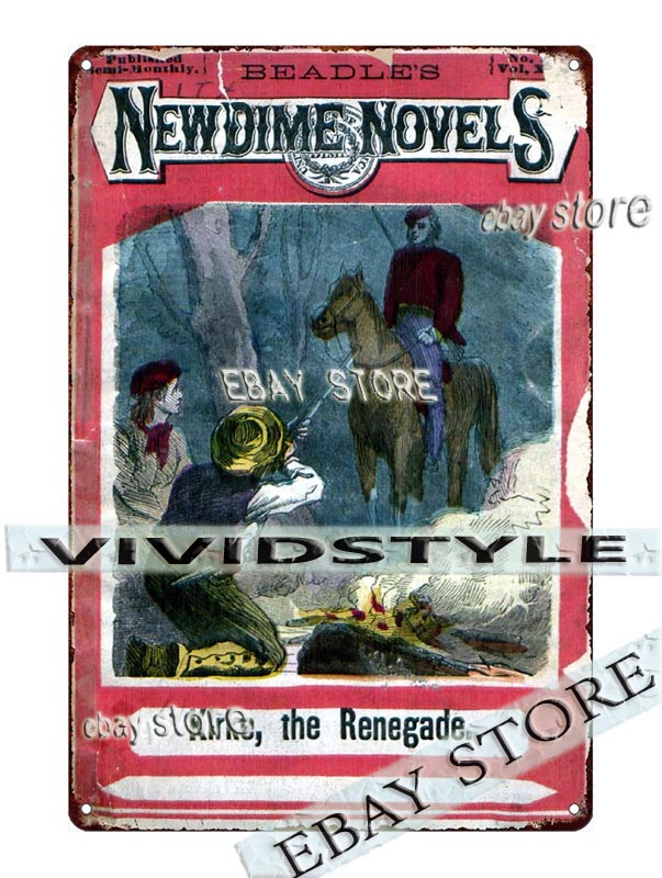 1876 Beadle New Dime Novels Kirk Renegade Outlaw Tale Tin Sign hanging plaque