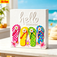 Hello Summer Wooden Box Sign Flip Flops Daisy Flower Beach Desktop Home Decor