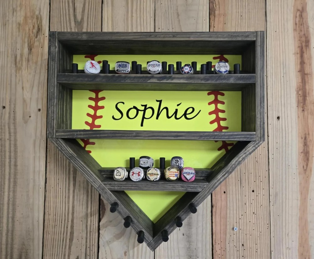 Personalized Softball Medal & Ring Display, 30 Rings, Handmade Wood Home Decor