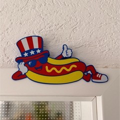 Wood Patriotic Hot Dog Character Wall Sign, Red White Blue Novelty Decor Plaque