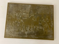 Antique Brass Etched Metal Plaque Equestrian Farm Scene Wall Hanging Decor
