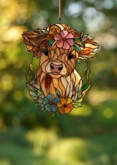 Highland Cow Floral Suncatcher Style Farm Animal Window Hanging