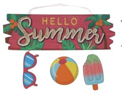 HELLO SUMMER Sign Sunglasses Beach Ball Frozen Treat Decor Glitter Wall Door NEW
