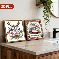 2Pcs Holly Candy Cane “Merry Christmas” Wooden Sign Rustic Farmhouse Wall Decor