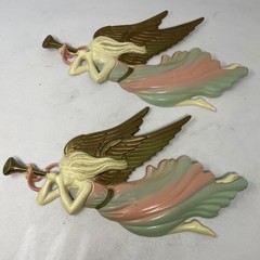2 Vintage Angel With Wings Pink & Blue Wall Hanging Cast Aluminum 12 1/2″ X 8″
