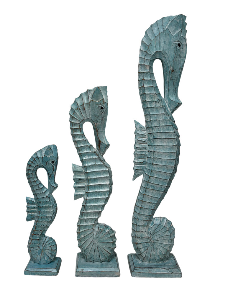 OCEAN SEAHORSES HAND CARVED TEAL STANDING STATUE HOME ART NAUTICAL COASTAL