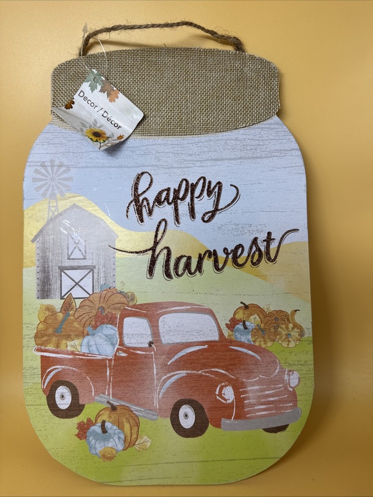 Mason Jar Happy Harvest Sign Autumn Red Truck Pumpkins 13×8.5” MDF Fall Decor