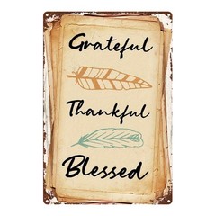 Vintage Boho Gratitude Metal Sign Distressed Feather for Farmhouse Wall Decor