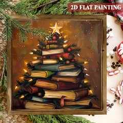 Christmas Book Stack Xmas Tree Warm Vintage Wooden Wall Art Sign