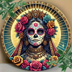 Tin Metal Signs 8 x 8 Inch Dia. Day of the Dead Sugar Skull Wall Hanging – Alumi